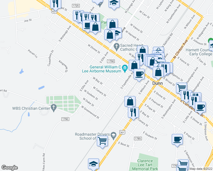 map of restaurants, bars, coffee shops, grocery stores, and more near 507 South Layton Avenue in Dunn