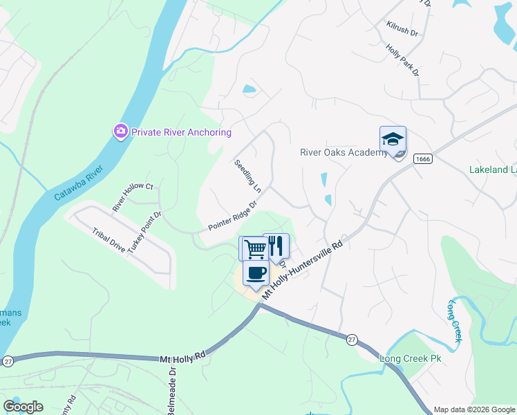 map of restaurants, bars, coffee shops, grocery stores, and more near 11120 Pointer Ridge Drive in Charlotte