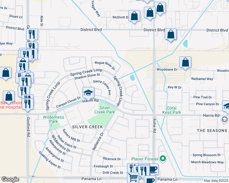 map of restaurants, bars, coffee shops, grocery stores, and more near 4710 Shadow Stone Street in Bakersfield