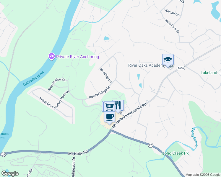 map of restaurants, bars, coffee shops, grocery stores, and more near 11120 Pointer Ridge Drive in Charlotte