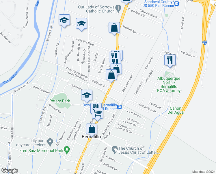 map of restaurants, bars, coffee shops, grocery stores, and more near 727 Camino Del Pueblo in Bernalillo