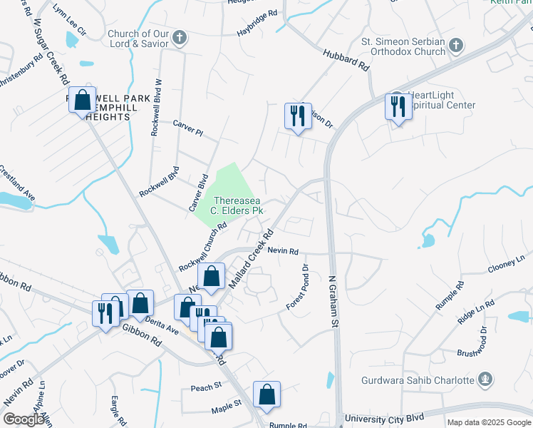 map of restaurants, bars, coffee shops, grocery stores, and more near 6511 Mallard Creek Road in Charlotte