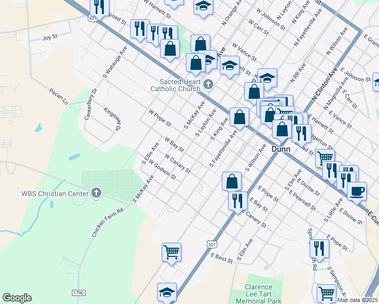 map of restaurants, bars, coffee shops, grocery stores, and more near 507 South Layton Avenue in Dunn