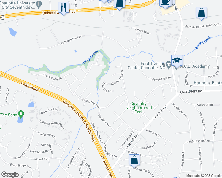map of restaurants, bars, coffee shops, grocery stores, and more near 14324 O Casey Lane in Charlotte
