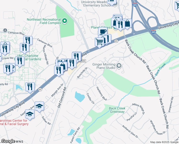 map of restaurants, bars, coffee shops, grocery stores, and more near 11030 Derryrush Drive in Charlotte