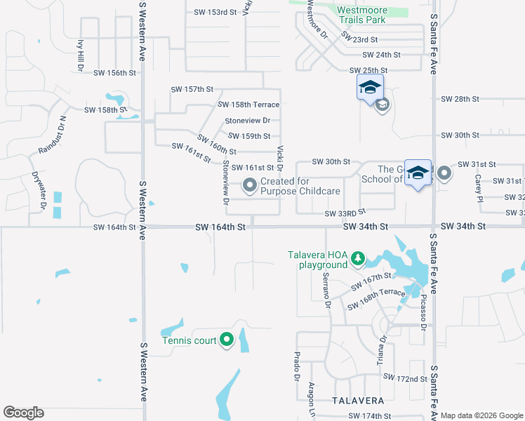 map of restaurants, bars, coffee shops, grocery stores, and more near 520 Southwest 164th Terrace in Oklahoma City