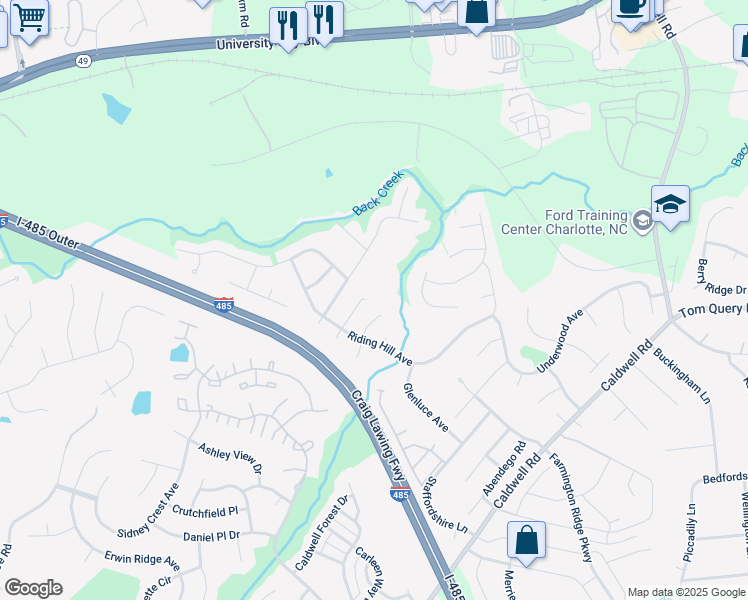 map of restaurants, bars, coffee shops, grocery stores, and more near 13664 Coram Place in Charlotte