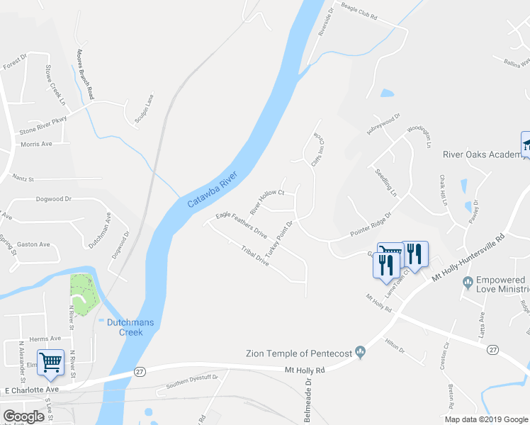 map of restaurants, bars, coffee shops, grocery stores, and more near 512 River Hills Court in Charlotte