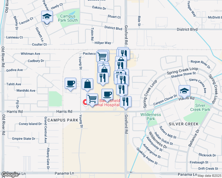 map of restaurants, bars, coffee shops, grocery stores, and more near 5253 Gosford Road in Bakersfield