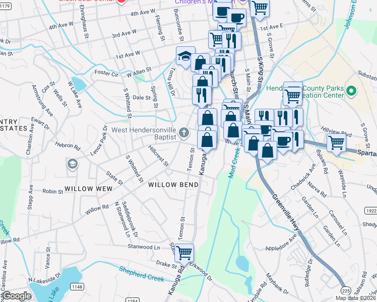 map of restaurants, bars, coffee shops, grocery stores, and more near 815 Temon Street in Hendersonville