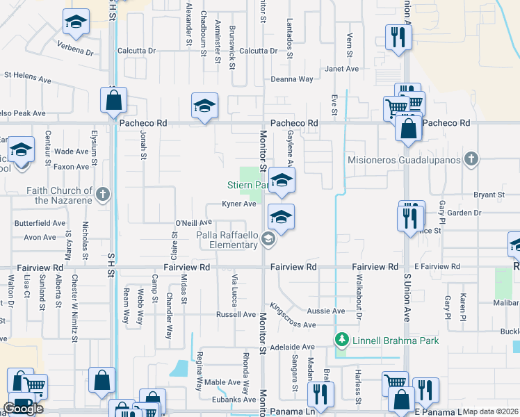 map of restaurants, bars, coffee shops, grocery stores, and more near 5413 Monitor Street in Bakersfield