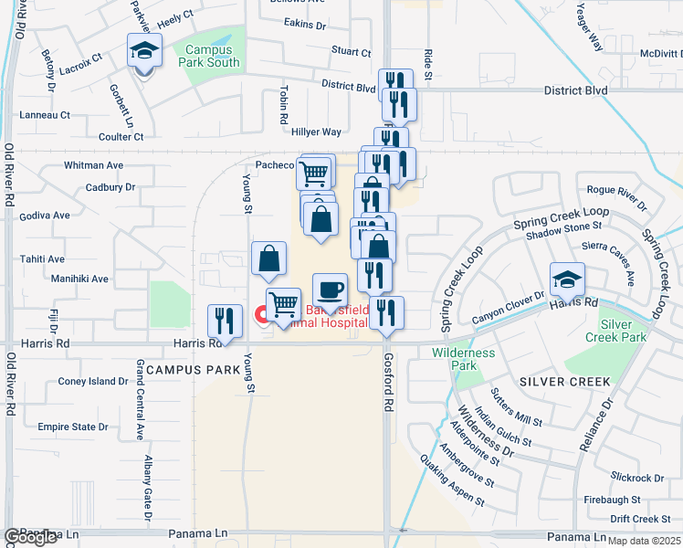 map of restaurants, bars, coffee shops, grocery stores, and more near 5253 Gosford Rd in Bakersfield