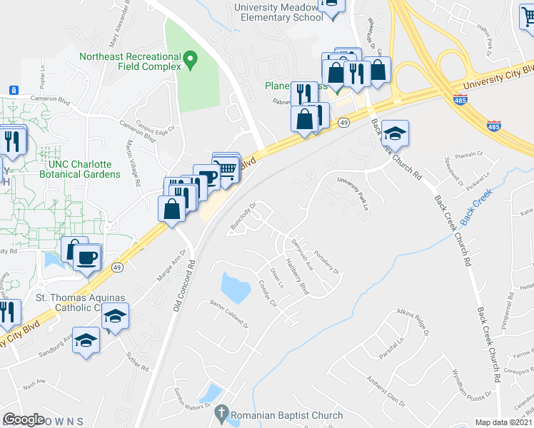 map of restaurants, bars, coffee shops, grocery stores, and more near 11030 Derryrush Drive in Charlotte