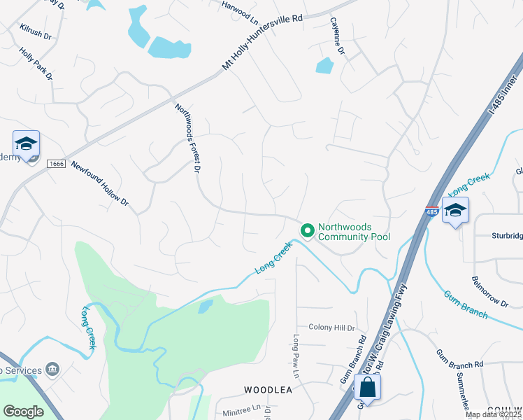 map of restaurants, bars, coffee shops, grocery stores, and more near 10414 Northwoods Forest Drive in Charlotte