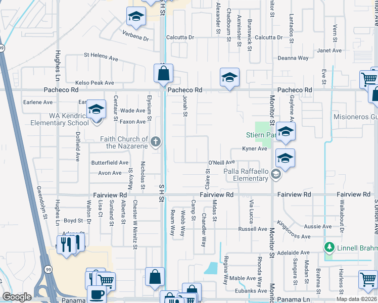 map of restaurants, bars, coffee shops, grocery stores, and more near 5320 Jonah Street in Bakersfield