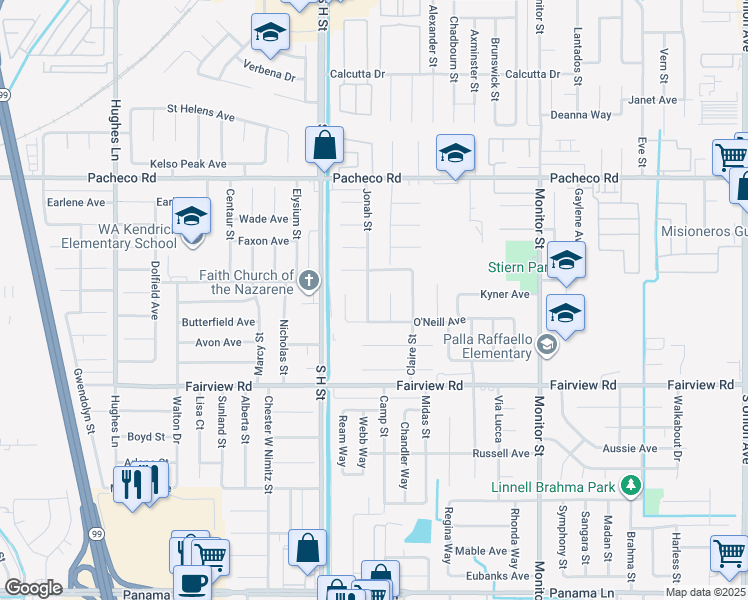 map of restaurants, bars, coffee shops, grocery stores, and more near 5320 Jonah Street in Bakersfield