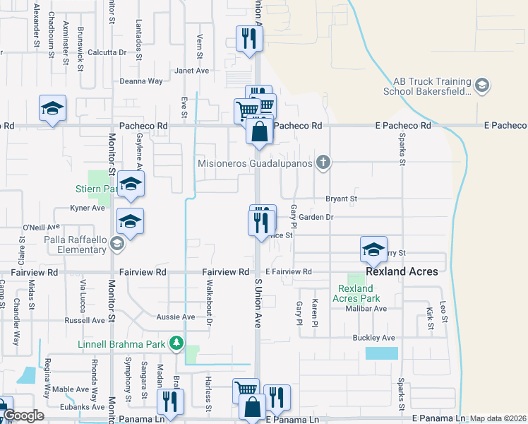 map of restaurants, bars, coffee shops, grocery stores, and more near 2760 South Union Avenue in Bakersfield
