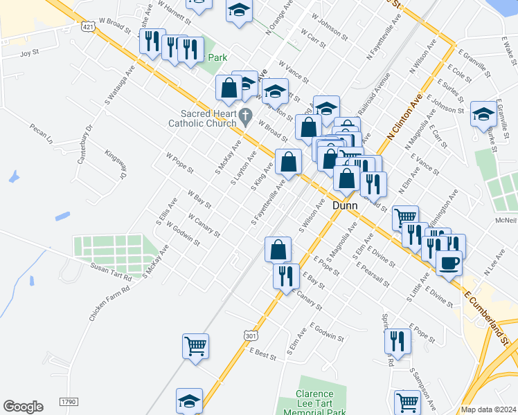 map of restaurants, bars, coffee shops, grocery stores, and more near 406 South Fayetteville Avenue in Dunn