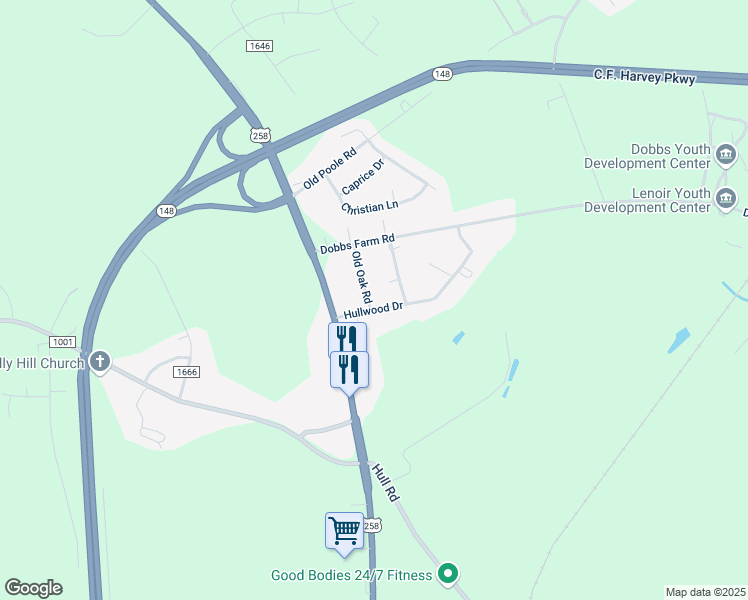 map of restaurants, bars, coffee shops, grocery stores, and more near 1982 Hullwood Drive in Kinston
