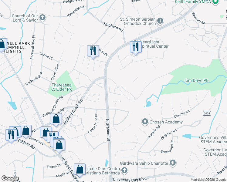 map of restaurants, bars, coffee shops, grocery stores, and more near 6524 Spanish Moss Lane in Charlotte