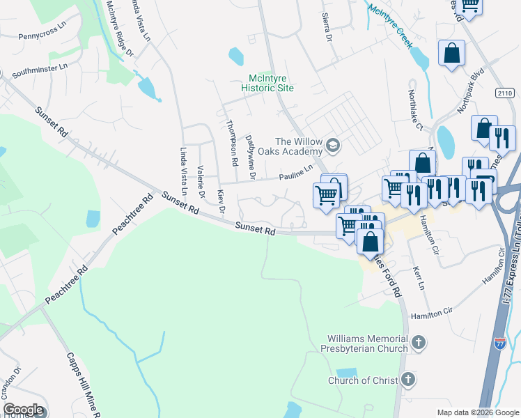 map of restaurants, bars, coffee shops, grocery stores, and more near 3839 Sunset Road in Charlotte