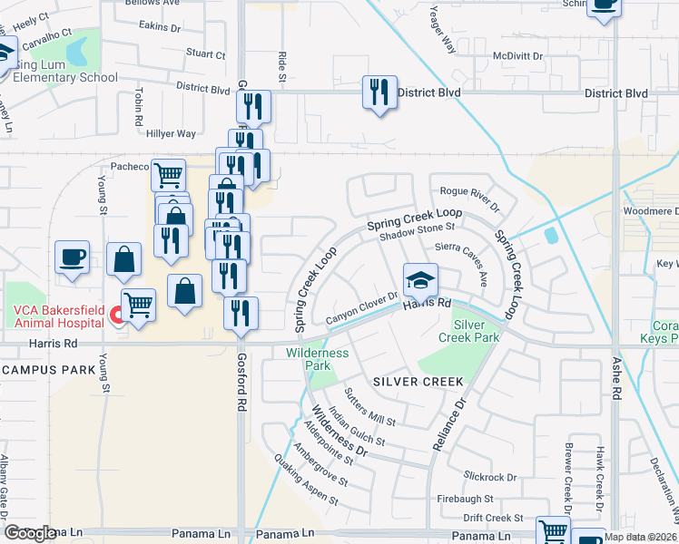 map of restaurants, bars, coffee shops, grocery stores, and more near 5416 Shadow Stone Street in Bakersfield