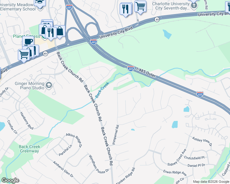 map of restaurants, bars, coffee shops, grocery stores, and more near 2218 Pimpernel Road in Charlotte