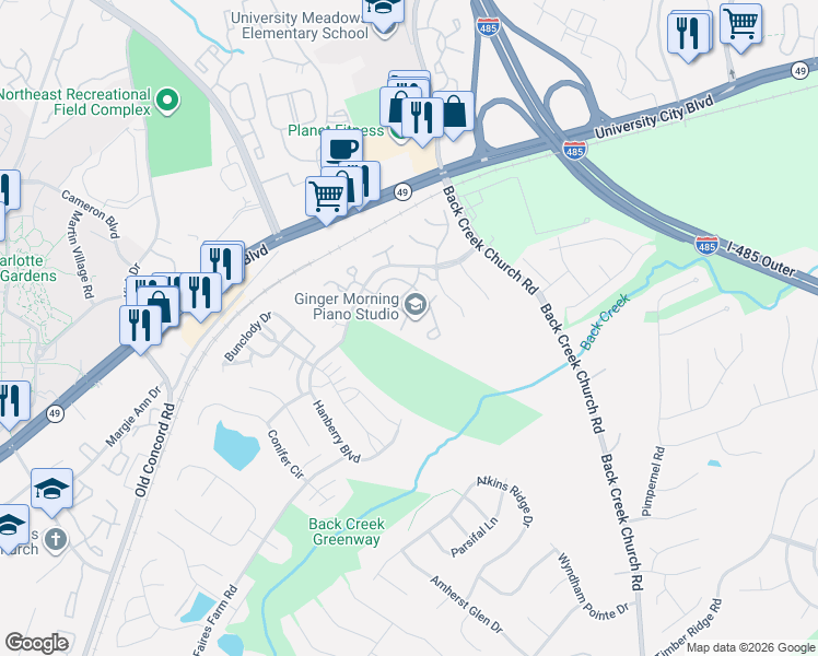 map of restaurants, bars, coffee shops, grocery stores, and more near 2038 University Heights Lane in Charlotte