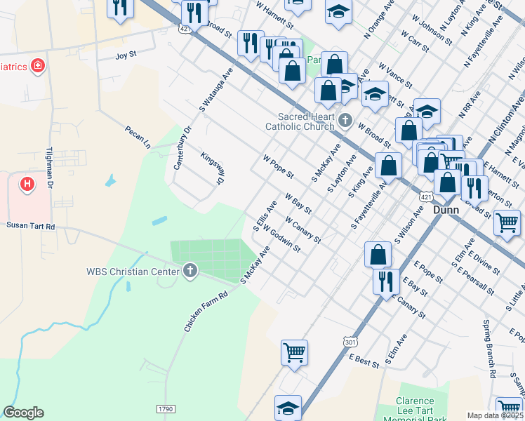 map of restaurants, bars, coffee shops, grocery stores, and more near 702 South Ellis Avenue in Dunn