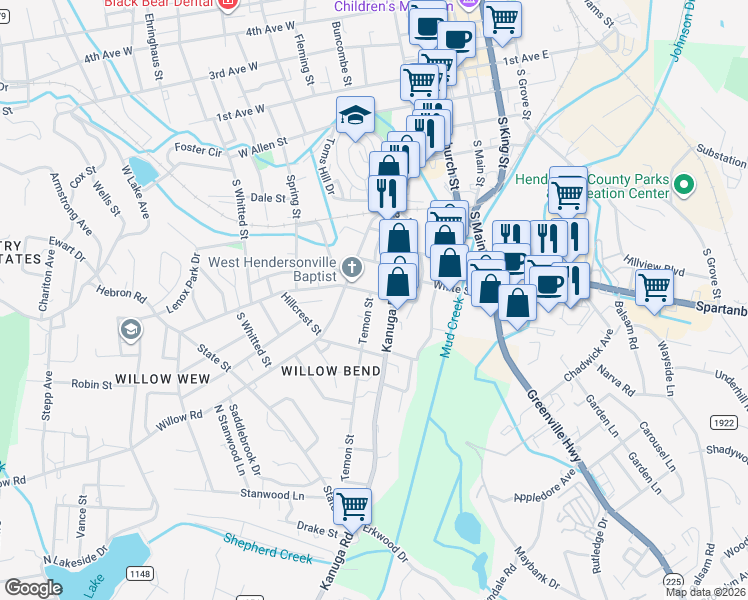 map of restaurants, bars, coffee shops, grocery stores, and more near 815 Temon Street in Hendersonville