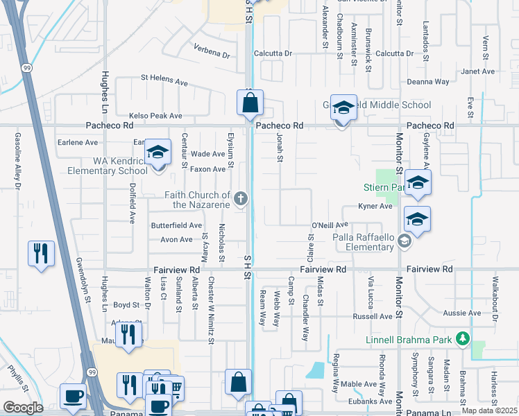 map of restaurants, bars, coffee shops, grocery stores, and more near 5309 O'Neill Court in Bakersfield