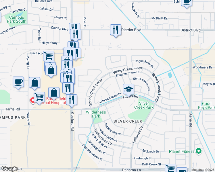 map of restaurants, bars, coffee shops, grocery stores, and more near 5220 Shadow Stone Street in Bakersfield