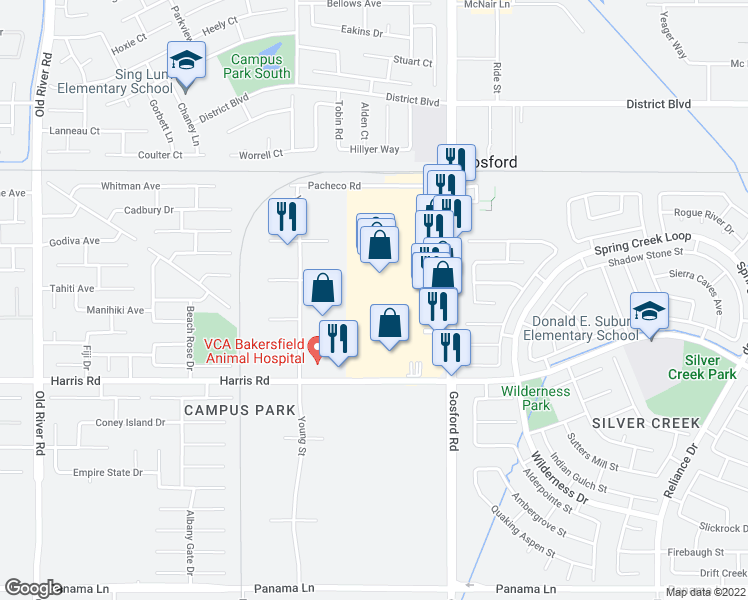 map of restaurants, bars, coffee shops, grocery stores, and more near 5253 Gosford Road in Bakersfield