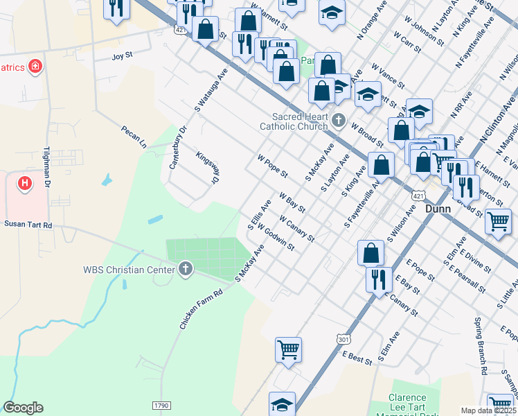 map of restaurants, bars, coffee shops, grocery stores, and more near 702 South Ellis Avenue in Dunn