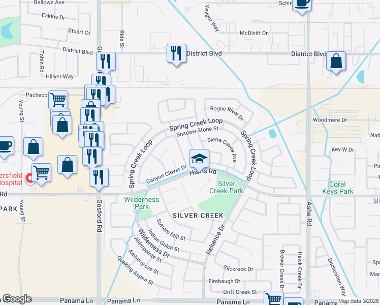 map of restaurants, bars, coffee shops, grocery stores, and more near 5314 Silvergate Street in Bakersfield