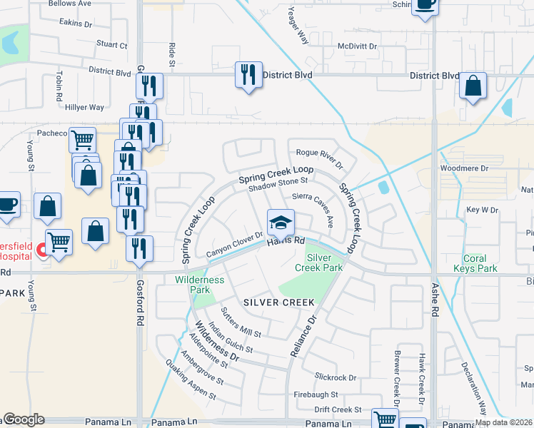 map of restaurants, bars, coffee shops, grocery stores, and more near 5314 Silvergate Street in Bakersfield