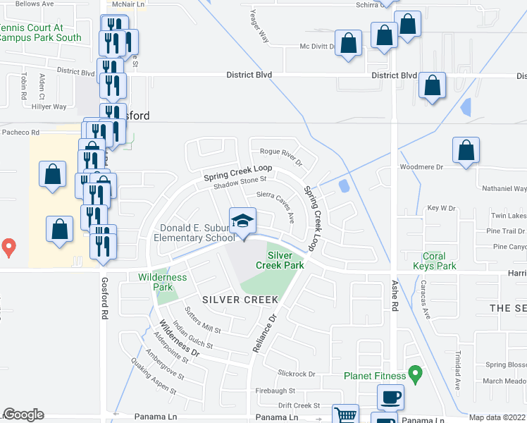 map of restaurants, bars, coffee shops, grocery stores, and more near 7200 Sierra Path Avenue in Bakersfield