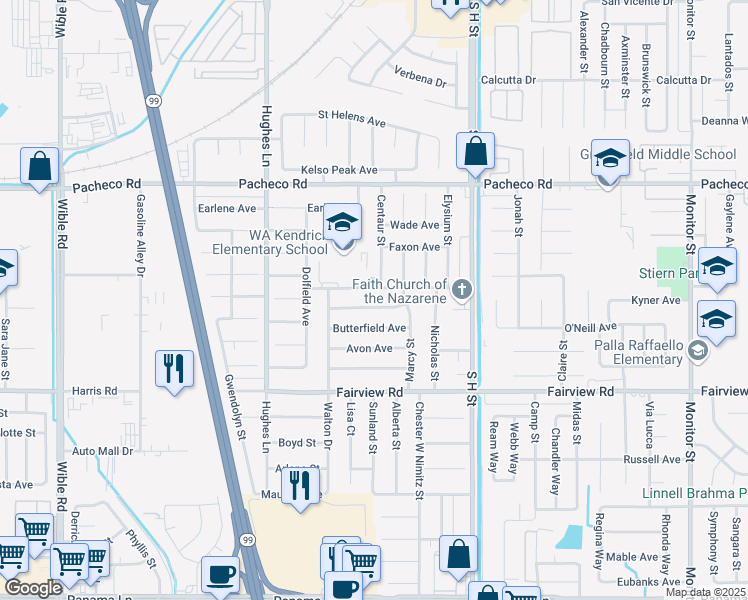 map of restaurants, bars, coffee shops, grocery stores, and more near 2020 Auberry Avenue in Bakersfield