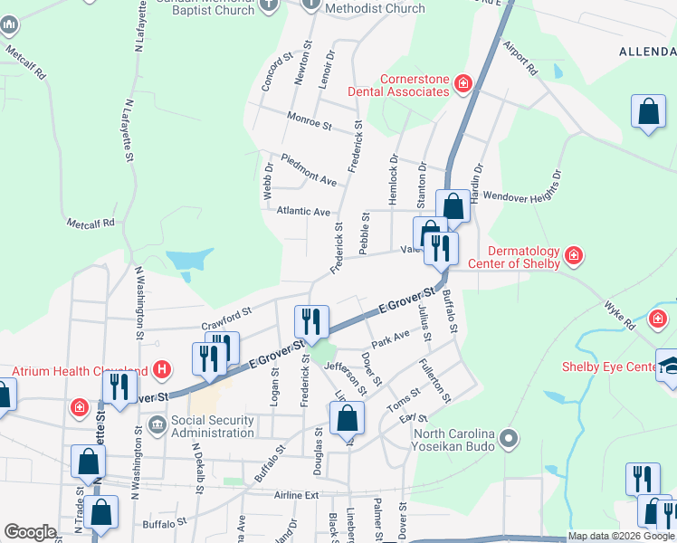 map of restaurants, bars, coffee shops, grocery stores, and more near 735 Vale Street in Shelby