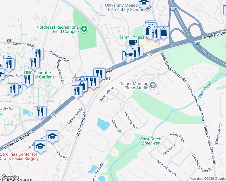 map of restaurants, bars, coffee shops, grocery stores, and more near 10511 Bunclody Drive in Charlotte