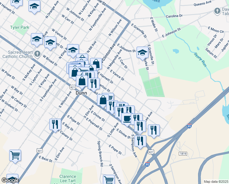 map of restaurants, bars, coffee shops, grocery stores, and more near 601 East Edgerton Street in Dunn