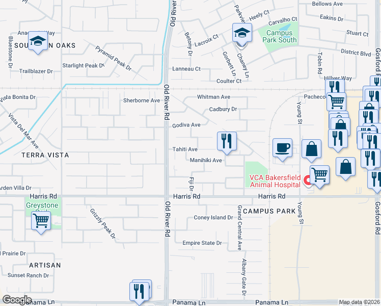 map of restaurants, bars, coffee shops, grocery stores, and more near 9500 Tahiti Avenue in Bakersfield