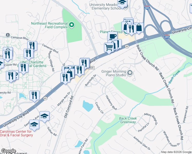 map of restaurants, bars, coffee shops, grocery stores, and more near 10511 Bunclody Drive in Charlotte