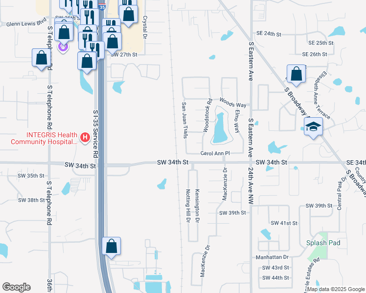 map of restaurants, bars, coffee shops, grocery stores, and more near 3405 San Juan Trails in Moore
