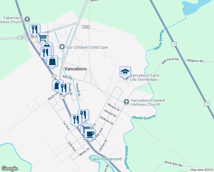 map of restaurants, bars, coffee shops, grocery stores, and more near 516 McLawhorn Lane in Vanceboro
