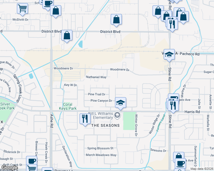 map of restaurants, bars, coffee shops, grocery stores, and more near 5302 White Pine Way in Bakersfield