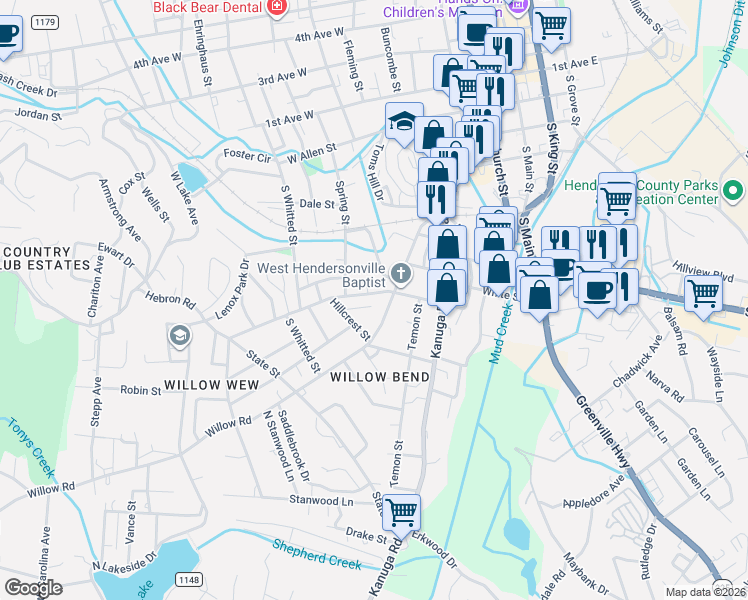 map of restaurants, bars, coffee shops, grocery stores, and more near 601 Hebron Road in Hendersonville