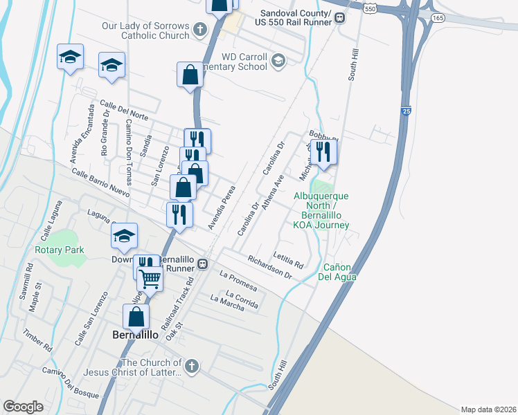 map of restaurants, bars, coffee shops, grocery stores, and more near 601 Carolina Drive in Bernalillo