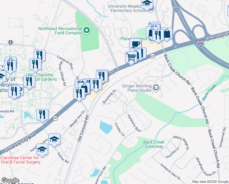 map of restaurants, bars, coffee shops, grocery stores, and more near 10511 Bunclody Drive in Charlotte