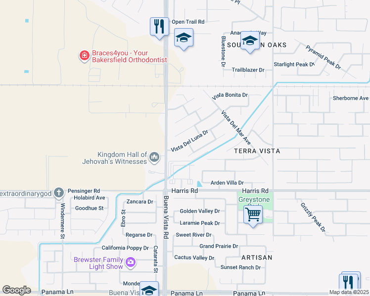 map of restaurants, bars, coffee shops, grocery stores, and more near 11109 Vista Del Luna Drive in Bakersfield